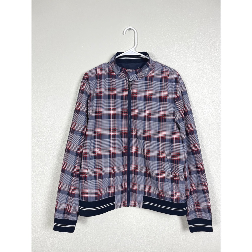 Michael Kors Jacket Mens Large Blue Plaid Printed Harrington Water Resistant